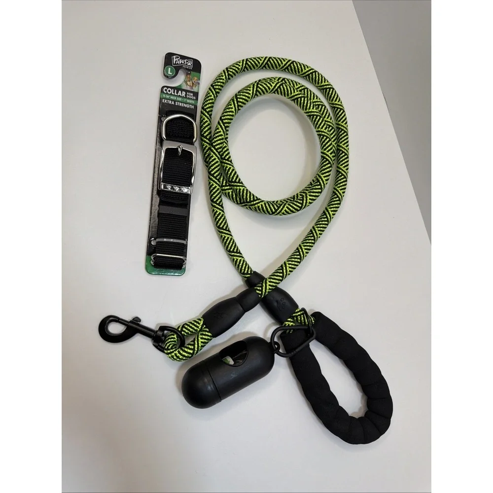 Braided Rope Leash Strong Reflective Lime Green 6ft  With Large Black Dog Collar